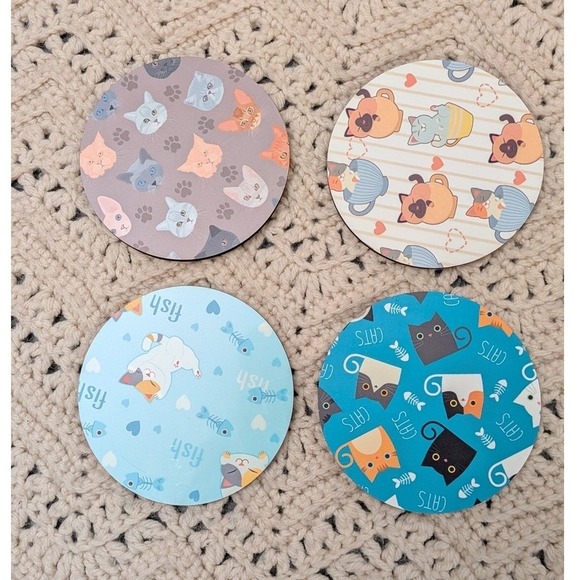 Cat Kitten Round Coaster Set of 4 Blue Purple Cream Multi Pattern New in Box - Picture 2 of 3